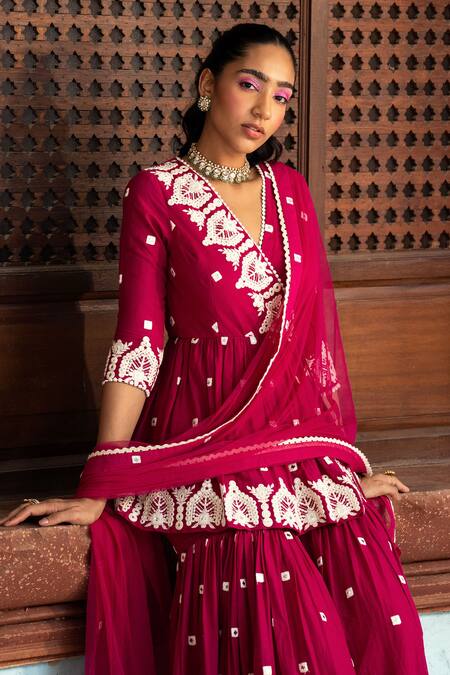 Shop Preevin Fuchsia Cotton, Net Embroidery, Lace V-neck Short Angarkha Sharara Set Online at Aza Fashions Shop_Preevin_Fuchsia Cotton, Net Embroidery, Lace V-neck Short Angarkha Sharara Set _Online_at_Aza_Fashions