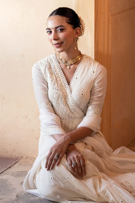 Preevin_Off White Cotton, Tulle, Net Thread And Work Angrakha Anarkali With Dupatta _Online_at_Aza_Fashions