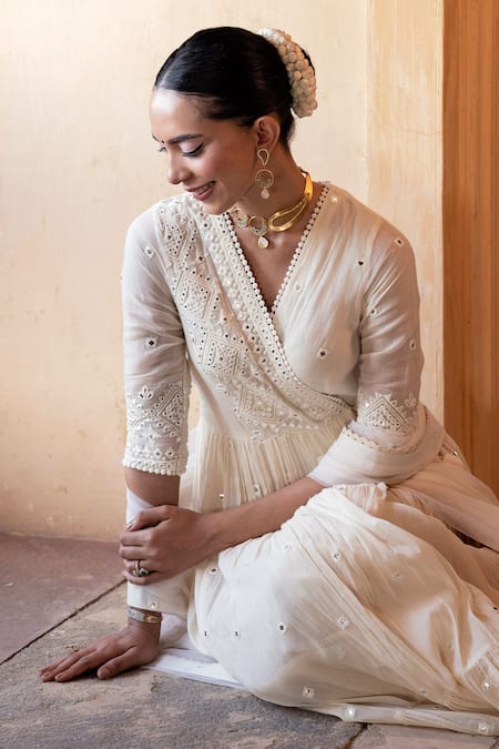 Buy_Preevin_Off White Cotton, Tulle, Net Thread And Work Angrakha Anarkali With Dupatta _Online_at_Aza_Fashions