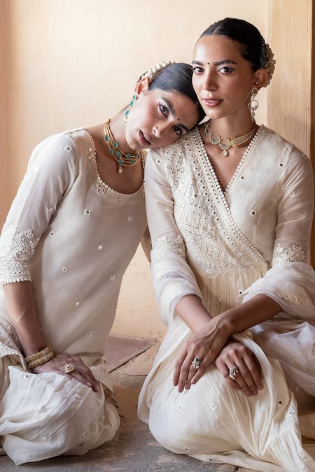 Preevin Off White Cotton, Tulle, Net Embroidery, Lace, Diamond Pattern Kurta Sharara Set Online at Aza Fashions Preevin_Off White Cotton, Tulle, Net Embroidery, Lace, Diamond Pattern Kurta Sharara Set _Online_at_Aza_Fashions