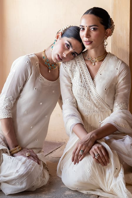 Shop_Preevin_Off White Cotton, Tulle, Net Thread And Work Angrakha Anarkali With Dupatta _Online_at_Aza_Fashions