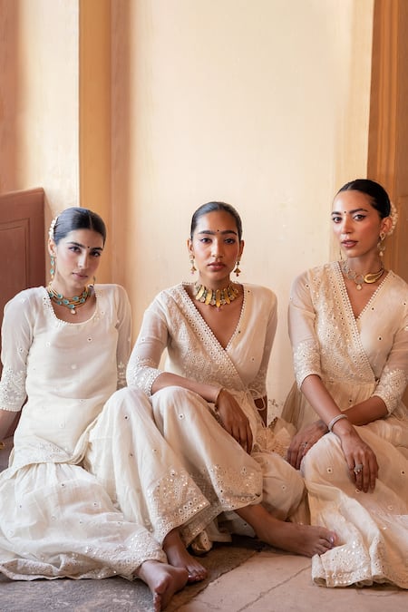 Buy Preevin Off White Cotton, Tulle, Net Embroidery, Lace, Diamond Pattern Kurta Sharara Set Online at Aza Fashions Buy_Preevin_Off White Cotton, Tulle, Net Embroidery, Lace, Diamond Pattern Kurta Sharara Set _Online_at_Aza_Fashions