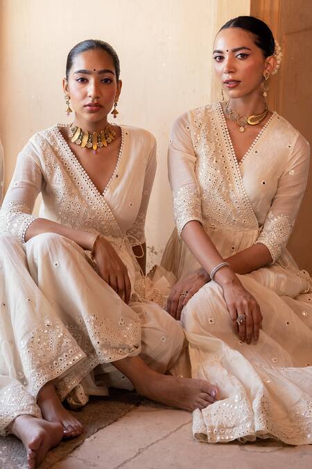 Preevin_Off White Cotton, Tulle, Net Thread And Work Angrakha Anarkali With Dupatta _at_Aza_Fashions