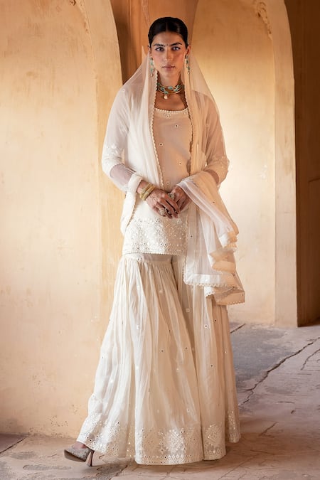 Shop Preevin Off White Cotton, Tulle, Net Embroidery, Lace, Diamond Pattern Kurta Sharara Set Online at Aza Fashions Shop_Preevin_Off White Cotton, Tulle, Net Embroidery, Lace, Diamond Pattern Kurta Sharara Set _Online_at_Aza_Fashions