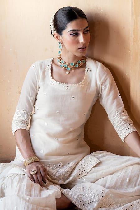 Preevin Off White Cotton, Tulle, Net Embroidery, Lace, Diamond Pattern Kurta Sharara Set at Aza Fashions Preevin_Off White Cotton, Tulle, Net Embroidery, Lace, Diamond Pattern Kurta Sharara Set _at_Aza_Fashions