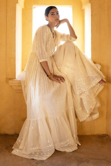 Preevin_Off White Cotton, Tulle, Net Mirrors Mulmul Angrakha Anarkali With Dupatta _Online_at_Aza_Fashions