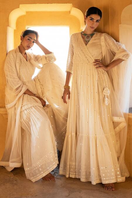 Preevin_Off White Cotton, Tulle, Net Embroidery Linear Pattern Peplum Angrakha Set _Online_at_Aza_Fashions