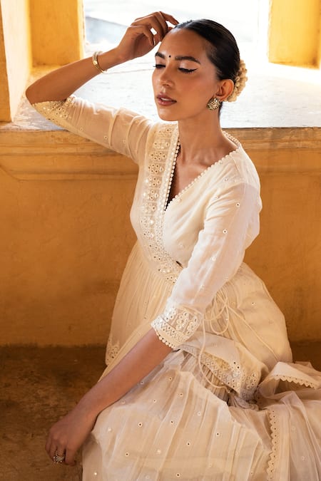 Buy_Preevin_Off White Cotton, Net Embroidery, Lace, Mirrors V-neck Thread And Sharara Set _Online_at_Aza_Fashions