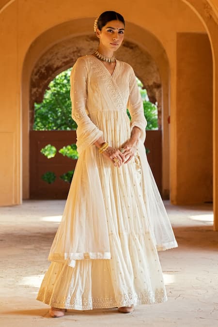 Preevin Off White Cotton, Tulle, Net Mirrors, Triangle Angrakha Anarkali With Dupatta Online at Aza Fashions Preevin_Off White Cotton, Tulle, Net Mirrors, Triangle Angrakha Anarkali With Dupatta _Online_at_Aza_Fashions