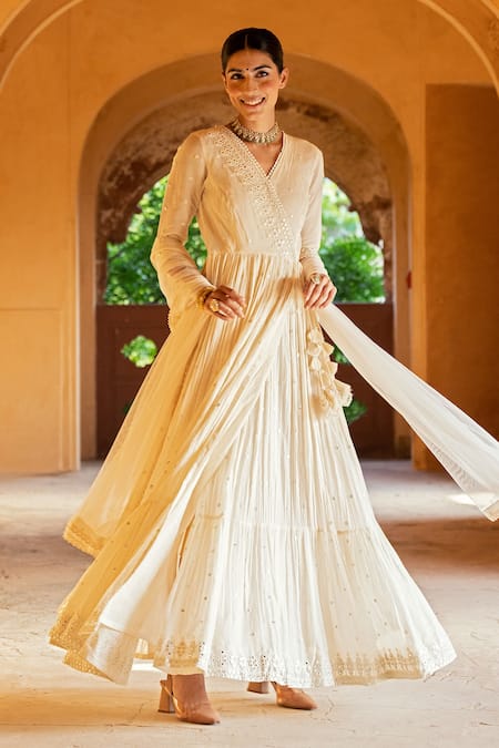Buy Preevin Off White Cotton, Tulle, Net Mirrors, Triangle Angrakha Anarkali With Dupatta Online at Aza Fashions Buy_Preevin_Off White Cotton, Tulle, Net Mirrors, Triangle Angrakha Anarkali With Dupatta _Online_at_Aza_Fashions