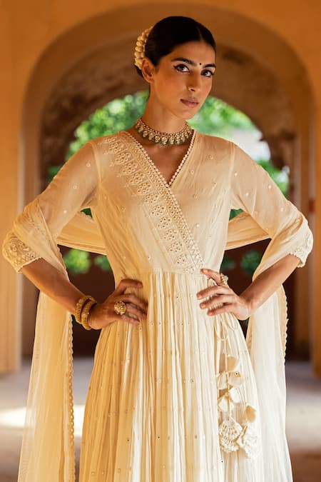 Shop Preevin Off White Cotton, Tulle, Net Mirrors, Triangle Angrakha Anarkali With Dupatta Online at Aza Fashions Shop_Preevin_Off White Cotton, Tulle, Net Mirrors, Triangle Angrakha Anarkali With Dupatta _Online_at_Aza_Fashions