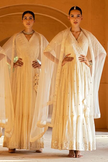 Preevin Off White Cotton, Tulle, Net Mirrors, Triangle Angrakha Anarkali With Dupatta at Aza Fashions Preevin_Off White Cotton, Tulle, Net Mirrors, Triangle Angrakha Anarkali With Dupatta _at_Aza_Fashions