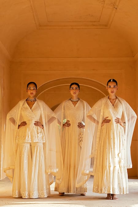 Buy Preevin Off White Cotton, Tulle, Net Lace, Circle Pattern Peplum Angrakha Sharara Set Online at Aza Fashions Buy_Preevin_Off White Cotton, Tulle, Net Lace, Circle Pattern Peplum Angrakha Sharara Set _Online_at_Aza_Fashions