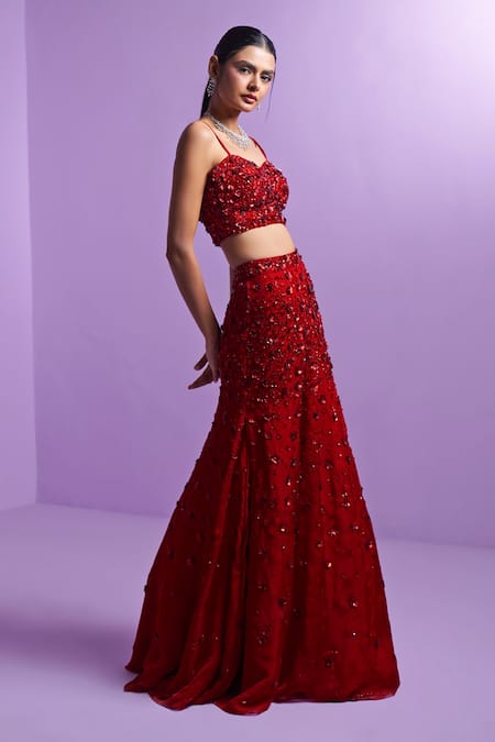 Buy Parul Gandhi Red Silk Organza Sequins, Embroidery Sweetheart Neck Lehenga Set Online at Aza Fashions Buy_Parul Gandhi_Red Silk Organza Sequins, Embroidery Sweetheart Neck Lehenga Set _Online_at_Aza_Fashions
