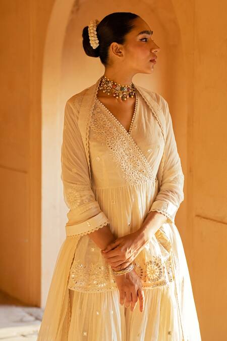 Shop Preevin Off White Cotton, Tulle, Net Lace, Circle Pattern Peplum Angrakha Sharara Set Online at Aza Fashions Shop_Preevin_Off White Cotton, Tulle, Net Lace, Circle Pattern Peplum Angrakha Sharara Set _Online_at_Aza_Fashions