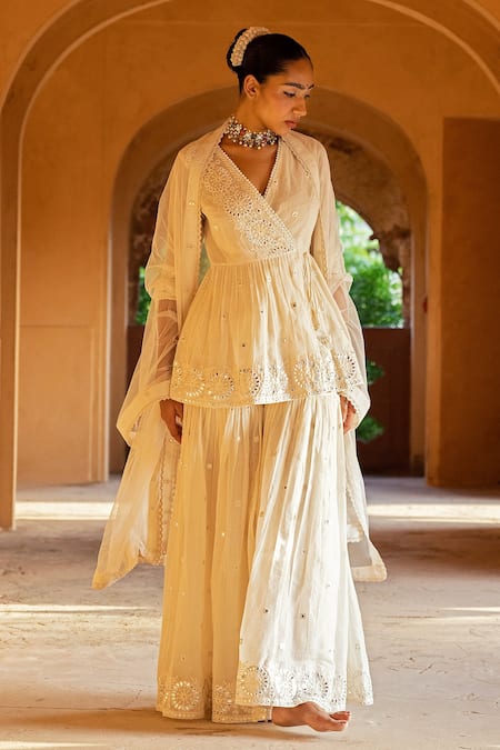 Preevin Off White Cotton, Tulle, Net Lace, Circle Pattern Peplum Angrakha Sharara Set at Aza Fashions Preevin_Off White Cotton, Tulle, Net Lace, Circle Pattern Peplum Angrakha Sharara Set _at_Aza_Fashions