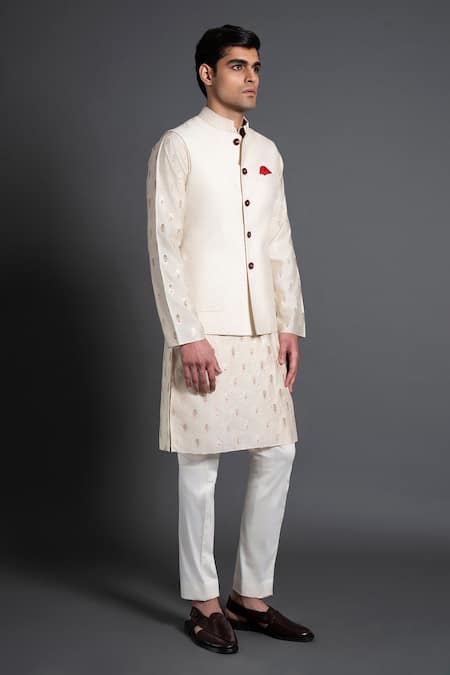 Raghavendra Rathore Jodhpur_Cream Silk Patchwork Thread Work Waistcoat _Online_at_Aza_Fashions