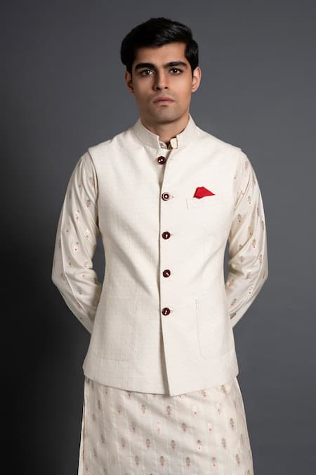 Buy_Raghavendra Rathore Jodhpur_Cream Silk Patchwork Thread Work Waistcoat _Online_at_Aza_Fashions