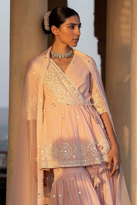 Preevin_Pink Cotton, Tulle, Net Embroidery, Mirrors V-neck Peplum Angrakha Sharara Set _Online_at_Aza_Fashions