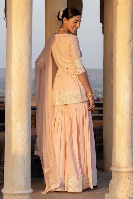 Buy_Preevin_Pink Cotton, Tulle, Net Embroidery, Mirrors V-neck Peplum Angrakha Sharara Set _Online_at_Aza_Fashions