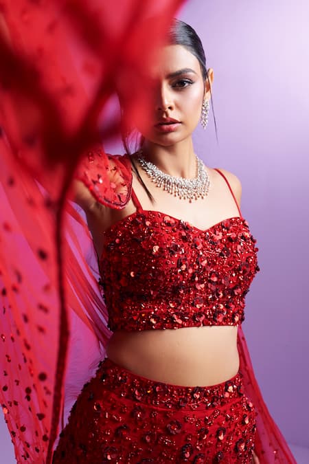 Parul Gandhi Red Silk Organza Sequins, Embroidery Sweetheart Neck Lehenga Set at Aza Fashions Parul Gandhi_Red Silk Organza Sequins, Embroidery Sweetheart Neck Lehenga Set _at_Aza_Fashions