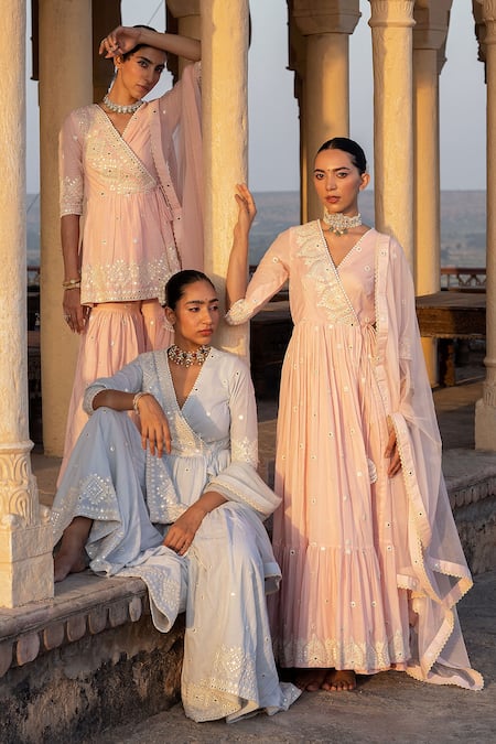 Buy_Preevin_Blue Cotton, Tulle, Net Embroidery, Diamond Pattern Peplum Angrakha Sharara Set _Online_at_Aza_Fashions