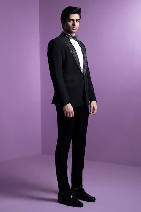 Contrast By Parth_Black Silk, Cotton, Wool Cut Work, Embroidery Hand Tuxedo Set _Online_at_Aza_Fashions