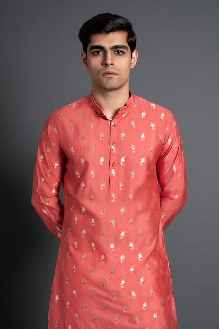 Buy Raghavendra Rathore Jodhpur Pink Chanderi Silk Embroidery Floral Woven Kurta Online at Aza Fashions Buy_Raghavendra Rathore Jodhpur_Pink Chanderi Silk Embroidery Floral Woven Kurta _Online_at_Aza_Fashions