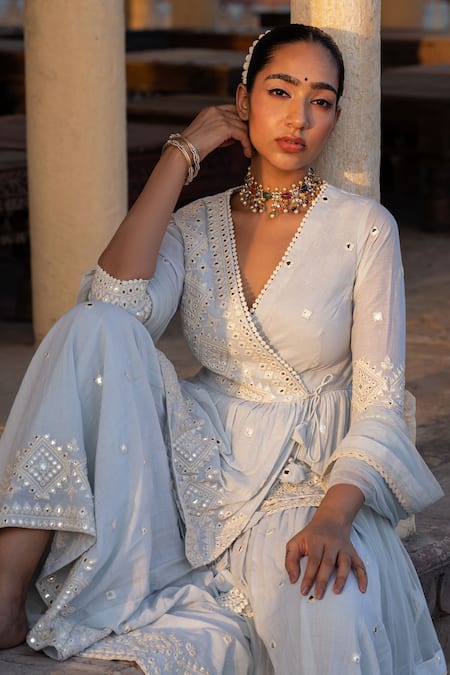 Shop_Preevin_Blue Cotton, Tulle, Net Embroidery, Diamond Pattern Peplum Angrakha Sharara Set _Online_at_Aza_Fashions