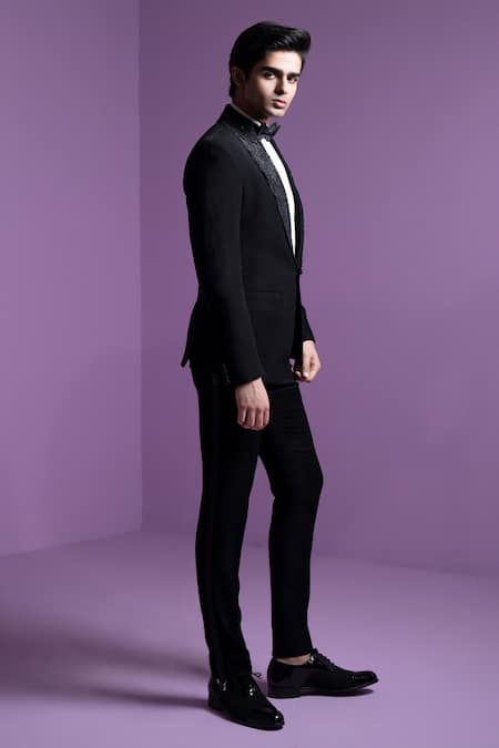 Buy_Contrast By Parth_Black Silk, Cotton, Wool Cut Work, Embroidery Hand Tuxedo Set _Online_at_Aza_Fashions