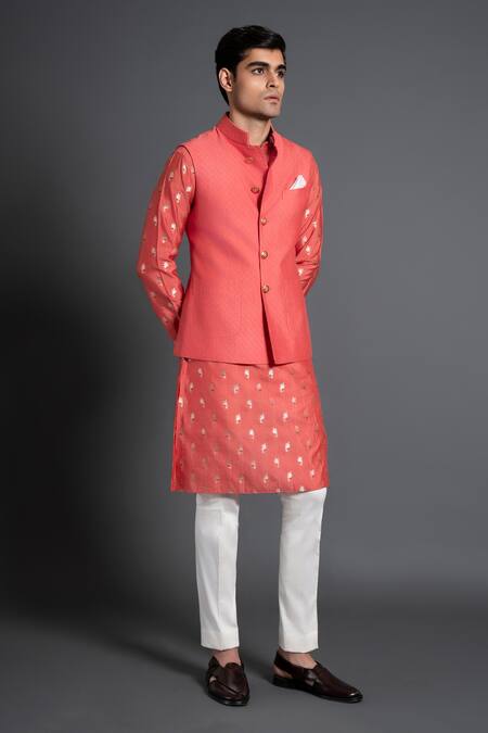 Raghavendra Rathore Jodhpur_Pink Silk Embroidery Thread Waistcoat _Online_at_Aza_Fashions