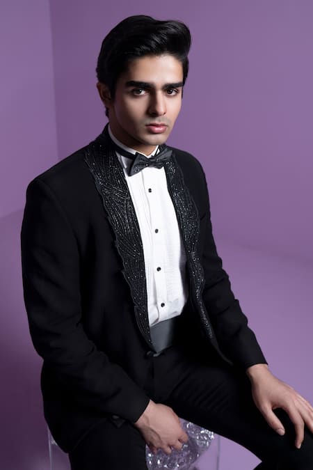 Shop_Contrast By Parth_Black Silk, Cotton, Wool Cut Work, Embroidery Hand Tuxedo Set _Online_at_Aza_Fashions