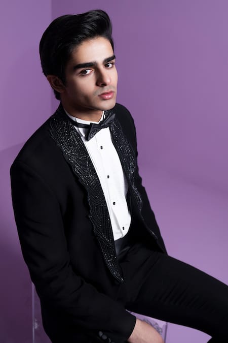 Contrast By Parth_Black Silk, Cotton, Wool Cut Work, Embroidery Hand Tuxedo Set _at_Aza_Fashions