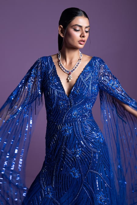 Buy_Parul Gandhi_Blue Silk, Cotton Sequins, Crystals Plunge Neck Moonlight Cape Sleeve Gown _Online_at_Aza_Fashions