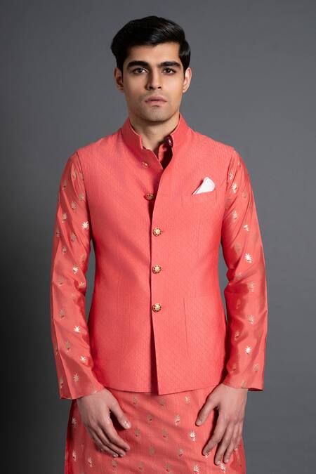 Shop_Raghavendra Rathore Jodhpur_Pink Silk Embroidery Thread Waistcoat _Online_at_Aza_Fashions