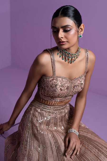 Parul Gandhi Gold Organza Sequins, Crystals Metallic Striped Embroidered Lehenga Set Online at Aza Fashions Parul Gandhi_Gold Organza Sequins, Crystals Metallic Striped Embroidered Lehenga Set _Online_at_Aza_Fashions