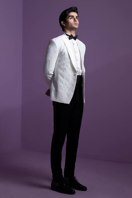 Contrast By Parth Off White Silk Beads, Pearls Embroidered Tuxedo Set Online at Aza Fashions Contrast By Parth_Off White Silk Beads, Pearls Embroidered Tuxedo Set _Online_at_Aza_Fashions