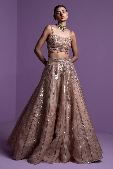 Shop Parul Gandhi Gold Organza Sequins, Crystals Metallic Striped Embroidered Lehenga Set Online at Aza Fashions Shop_Parul Gandhi_Gold Organza Sequins, Crystals Metallic Striped Embroidered Lehenga Set _Online_at_Aza_Fashions
