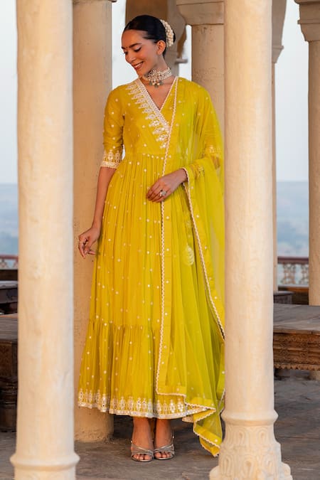 Preevin_Green Cotton, Tulle, Net Mirrors, Triangle Work Angrakha Anarkali With Dupatta _Online_at_Aza_Fashions