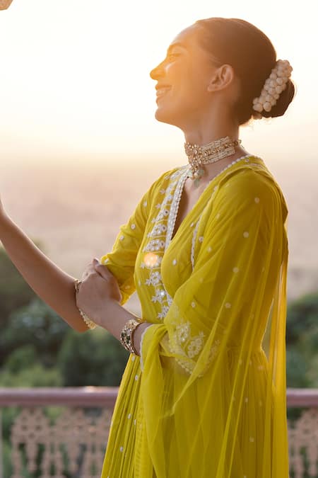 Buy_Preevin_Green Cotton, Tulle, Net Mirrors, Triangle Work Angrakha Anarkali With Dupatta _Online_at_Aza_Fashions