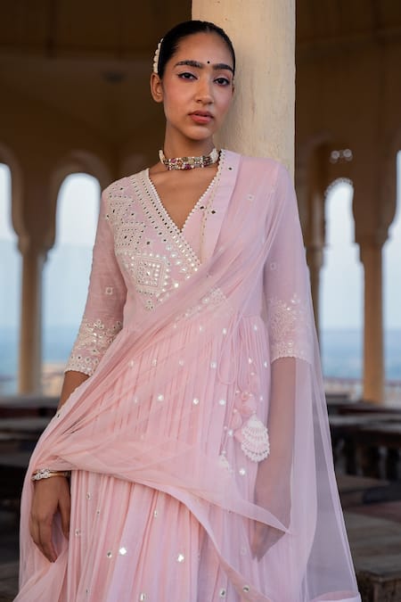 Preevin Pink Cotton, Tulle, Net Mirrors, Diamond Angrakha Anarkali With Dupatta Online at Aza Fashions Preevin_Pink Cotton, Tulle, Net Mirrors, Diamond Angrakha Anarkali With Dupatta _Online_at_Aza_Fashions