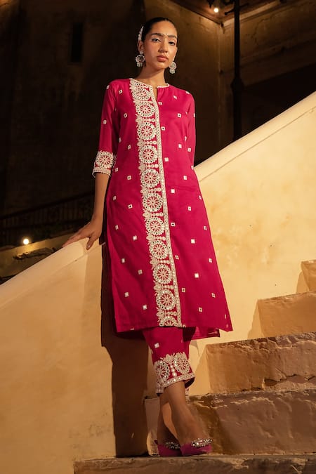 Shop_Preevin_Fuchsia Cotton, Tulle, Net Embroidery Floral Mirrorwork Kurta With Pant _Online_at_Aza_Fashions