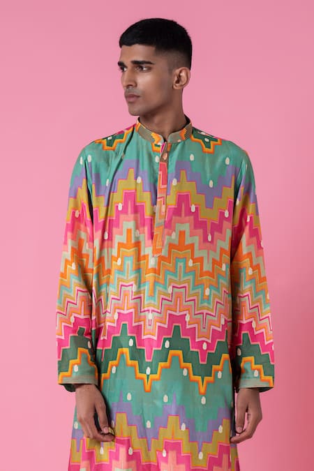 Buy Siddhartha Bansal Multi Color Cotton, Chanderi Cubic Chevron Print Kurta Set Online at Aza Fashions Buy_Siddhartha Bansal_Multi Color Cotton, Chanderi Cubic Chevron Print Kurta Set _Online_at_Aza_Fashions