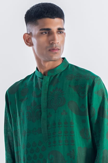 Siddhartha Bansal_Green Chanderi Printed Floral Paisley And Kurta Set  _at_Aza_Fashions
