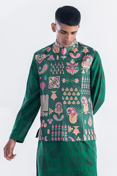 Siddhartha Bansal_Green Silk Embroidery Hamsa Print Bundi _at_Aza_Fashions