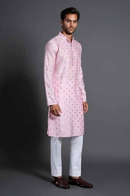 Raghavendra Rathore Jodhpur_Pink Chanderi Silk Embroidered Thread Floral Woven Kurta _Online_at_Aza_Fashions