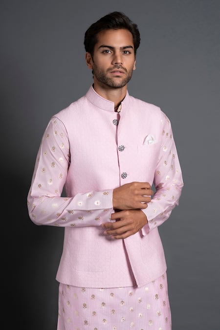 Raghavendra Rathore Jodhpur Pink Silk Embroidery Thread Work Waistcoat Online at Aza Fashions Raghavendra Rathore Jodhpur_Pink Silk Embroidery Thread Work Waistcoat _Online_at_Aza_Fashions