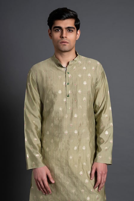 Buy_Raghavendra Rathore Jodhpur_Green Chanderi Silk Embroidery Floral Woven And Pintuck Kurta _Online_at_Aza_Fashions