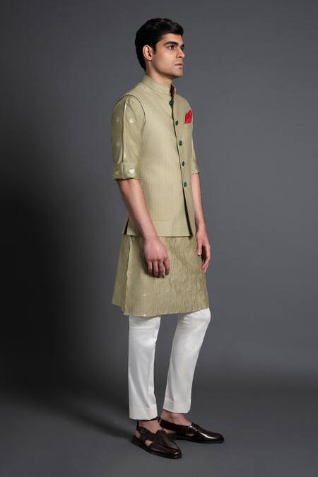 Raghavendra Rathore Jodhpur Green Silk Embroidery Kantha Work Waistcoat Online at Aza Fashions Raghavendra Rathore Jodhpur_Green Silk Embroidery Kantha Work Waistcoat _Online_at_Aza_Fashions