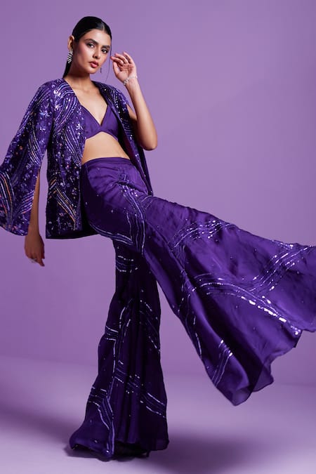 Parul Gandhi Purple Satin, Organza, Cotton Sequins, Embellished Cape Sleeve Jacket Pant Set Online at Aza Fashions Parul Gandhi_Purple Satin, Organza, Cotton Sequins, Embellished Cape Sleeve Jacket Pant Set _Online_at_Aza_Fashions
